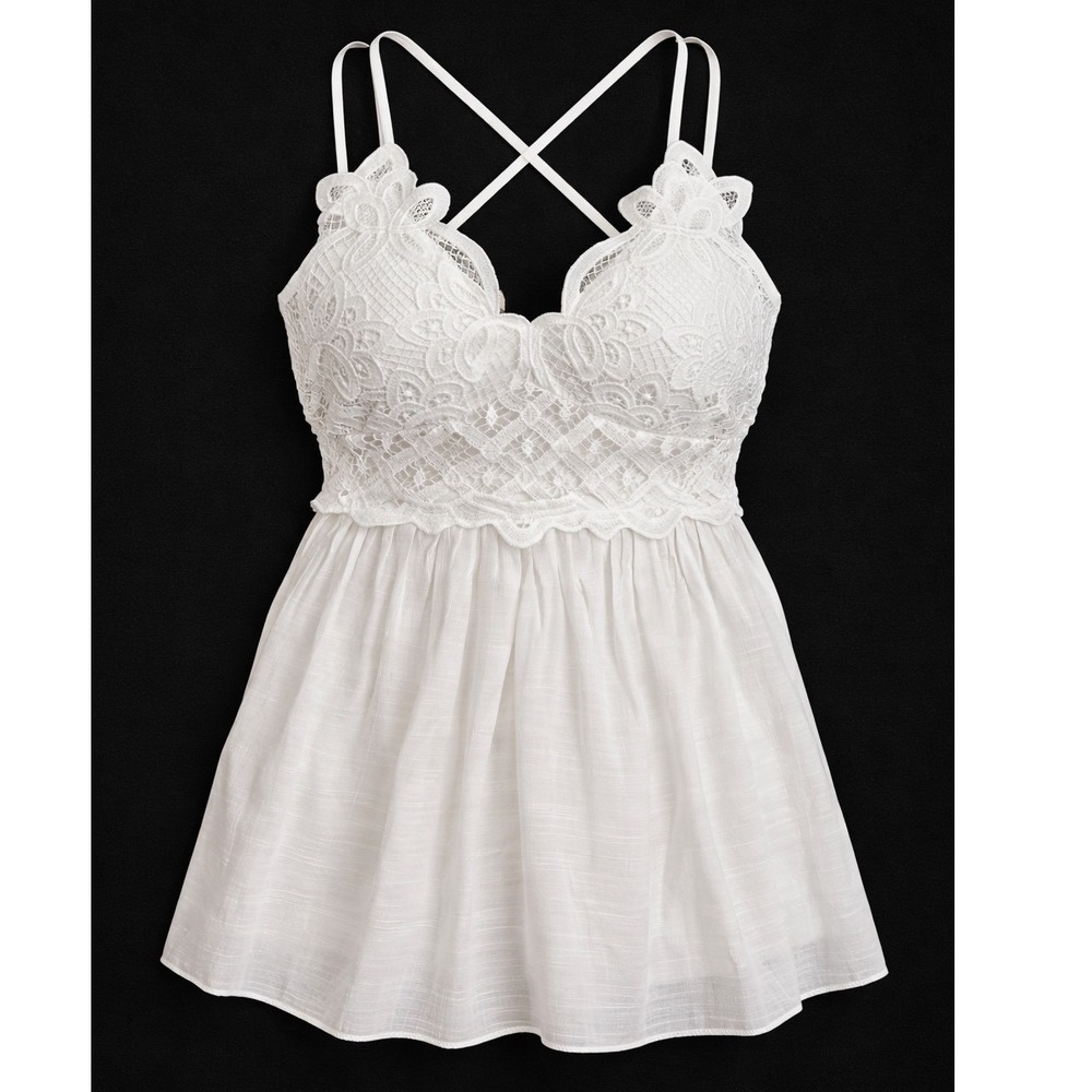 Rebellion Again White Lace Boho Cami Babydoll Tank Top Festival Small